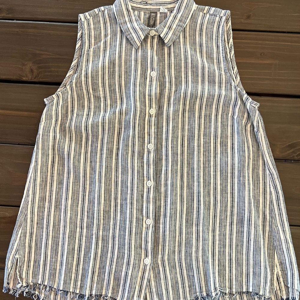Allison Joy Button Up Linen Blend Striped Sleeveless Top with Rough Hem NWOT